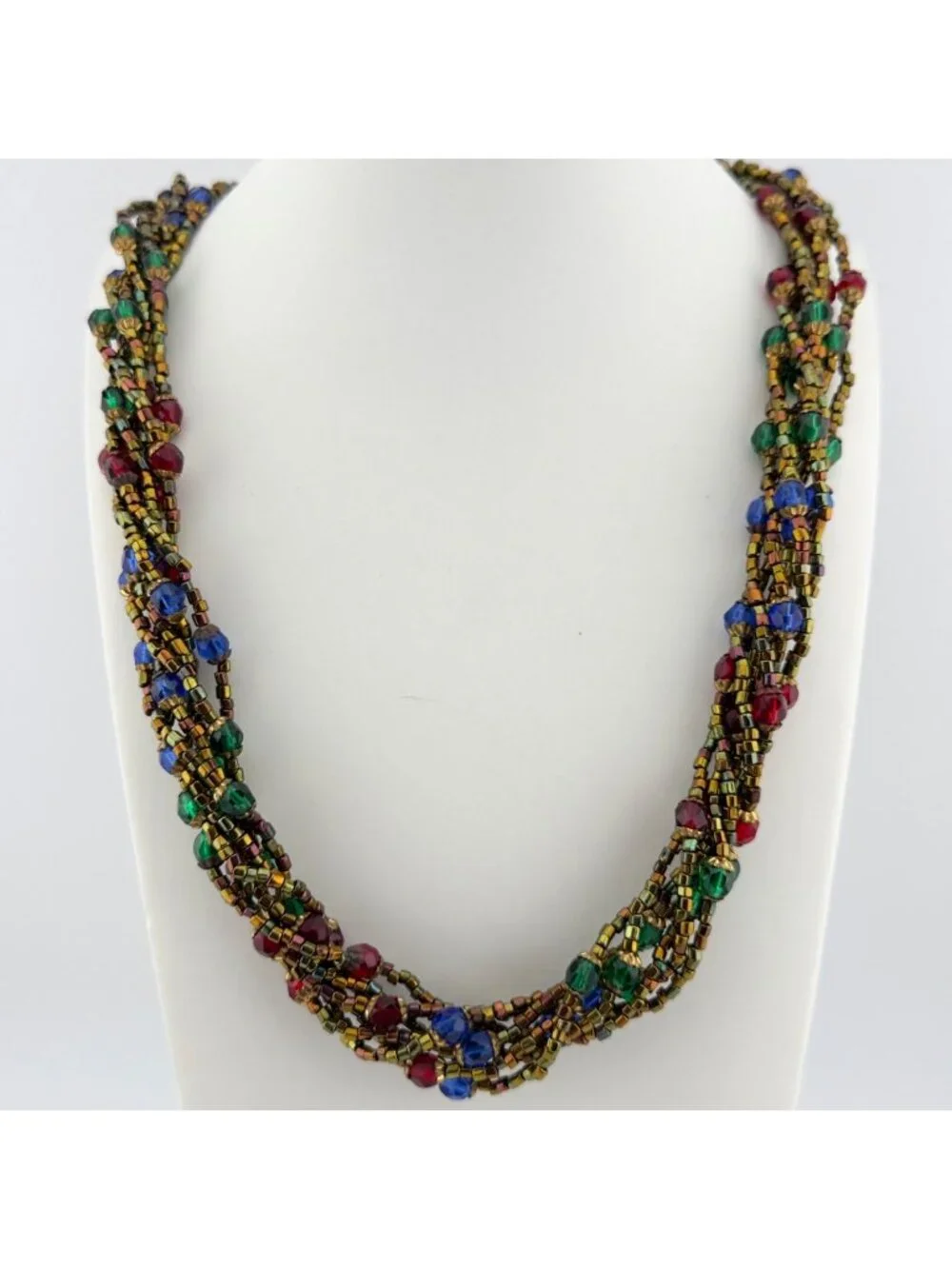Multicolor Glass Beaded Layered Long Necklace Faceted Metallic 28